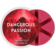 Dangerous Passion wax melt label with red ballroom art; rose, amber and musk home fragrance wax melts in a 6-segment pot