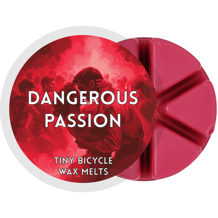 Dangerous Passion wax melt label with red ballroom art; rose, amber and musk home fragrance wax melts in a 6-segment pot