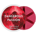 Dangerous Passion wax melt label with red ballroom art; rose, amber and musk home fragrance wax melts in a 6-segment pot