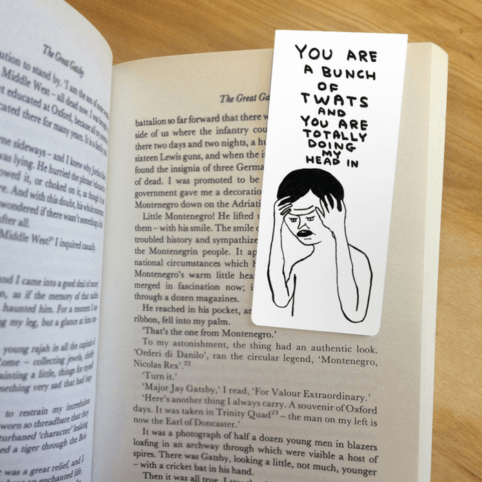 Magnetic bookmark clipped inside an open novel, showing Shrigley’s stressed figure and rude slogan.
