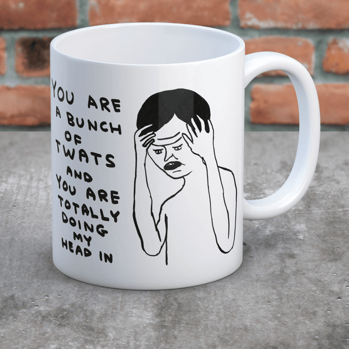 Shrigley sweary mug on concrete surface against brick wall; bold illustration and text clearly visible.
