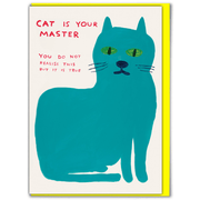 David Shrigley Cat Is Your Master funny birthday card with turquoise cat