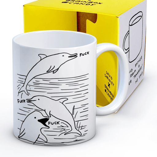 Stoneware mug with Shrigley dolphins yelling the F-word, shown beside bright yellow illustrated gift box.
