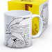Stoneware mug with Shrigley dolphins yelling the F-word, shown beside bright yellow illustrated gift box.
