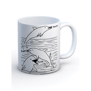 Studio shot of white stoneware mug featuring three dolphins and repeated F-word in David Shrigley style.

