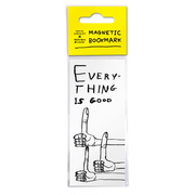 Packaged magnetic bookmark with yellow header and Shrigley text “Everything is good” plus thumbs-up hands.
