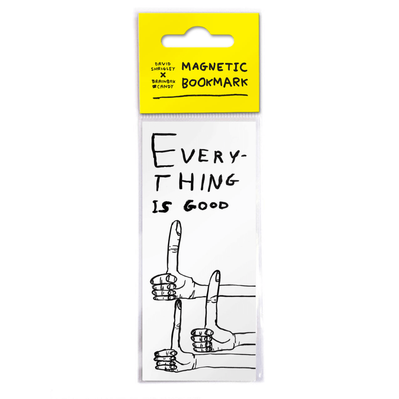 Packaged magnetic bookmark with yellow header and Shrigley text “Everything is good” plus thumbs-up hands.
