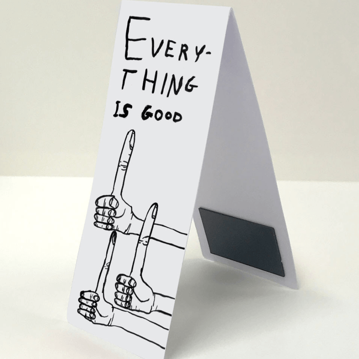 Side view of folded magnetic bookmark with hidden magnet and thumbs-up art reading “Everything is good”.

