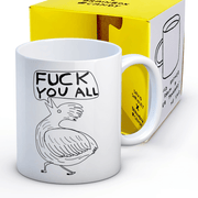 David Shrigley Fuck You All mug presented with its yellow gift box