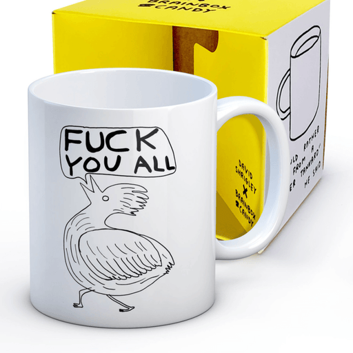 David Shrigley Fuck You All mug presented with its yellow gift box