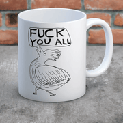 David Shrigley Fuck You All rude mug displayed against a brick background