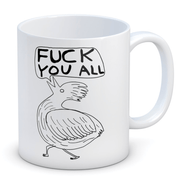 David Shrigley Fuck You All rude white stoneware mug with bird illustration