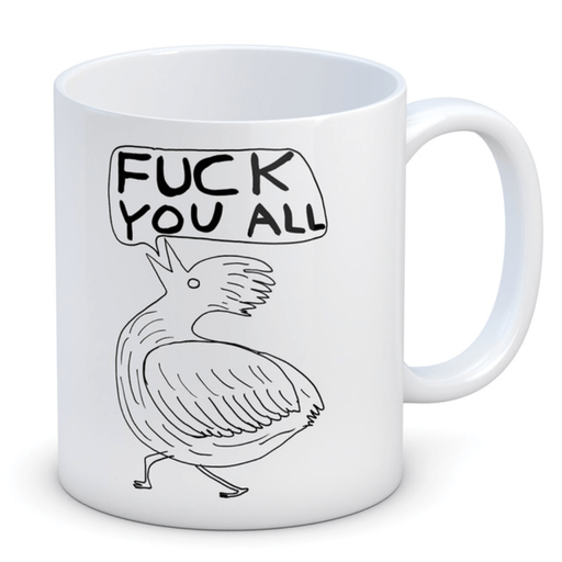 David Shrigley Fuck You All rude white stoneware mug with bird illustration