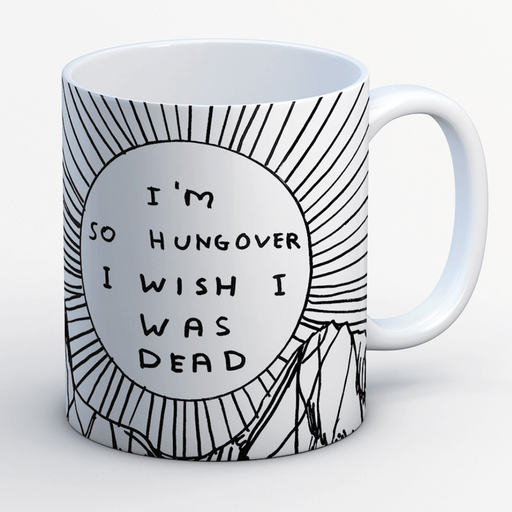Studio shot of white stoneware mug featuring sun graphic and hungover slogan by David Shrigley.

