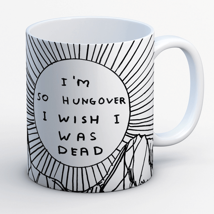Studio shot of white stoneware mug featuring sun graphic and hungover slogan by David Shrigley.


