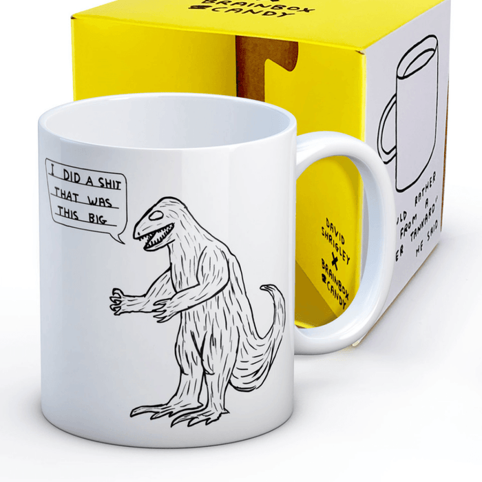 David Shrigley dinosaur mug with gift box featuring I did a shit that was this big design