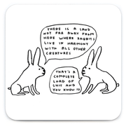 David Shrigley funny rude coaster featuring two rabbits with a sarcastic Live in Harmony conversation