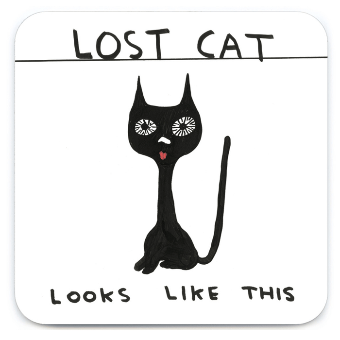Square coaster with black cartoon cat and text “Lost Cat – looks like this” in David Shrigley style.

