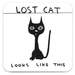Square coaster with black cartoon cat and text “Lost Cat – looks like this” in David Shrigley style.
