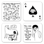 Set of four David Shrigley rude coasters featuring funny black and white illustrations and handwritten text