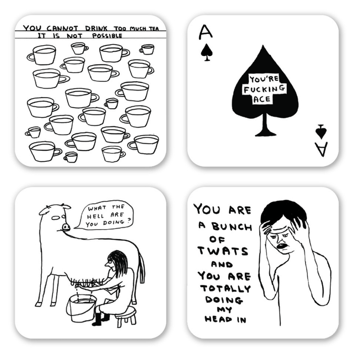 Set of four David Shrigley rude coasters featuring funny black and white illustrations and handwritten text
