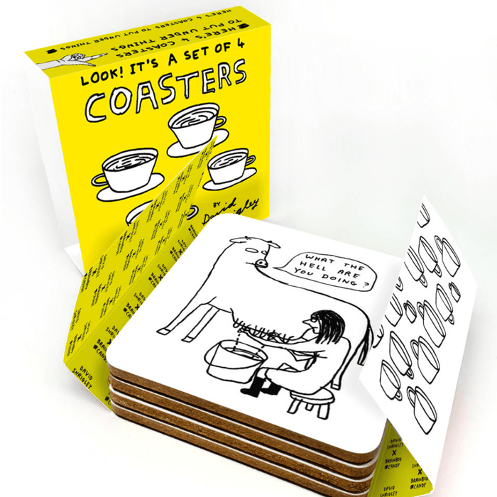 David Shrigley rude coaster set shown with yellow gift box and four cork backed coasters