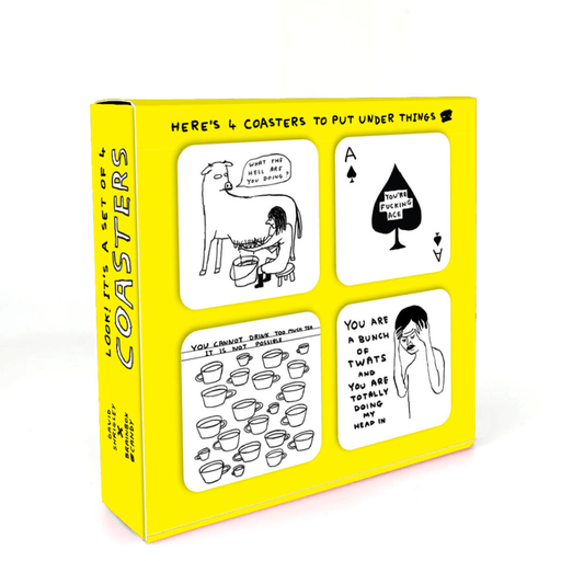 Back of David Shrigley rude coaster set gift box showing four black and white coaster designs