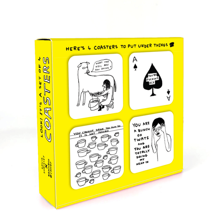 Back of David Shrigley rude coaster set gift box showing four black and white coaster designs