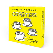 Front of David Shrigley rude coaster set yellow gift box with black and white cup illustrations