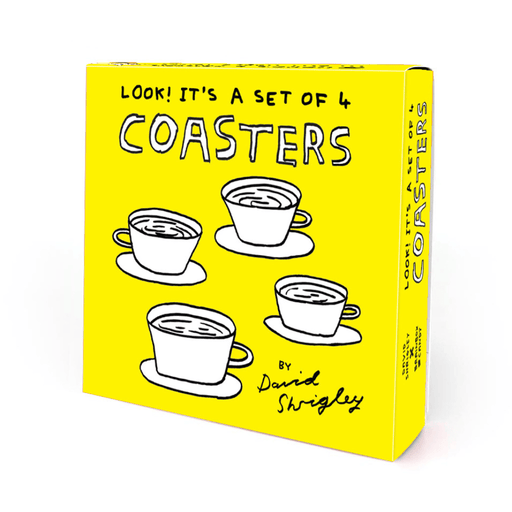 Front of David Shrigley rude coaster set yellow gift box with black and white cup illustrations