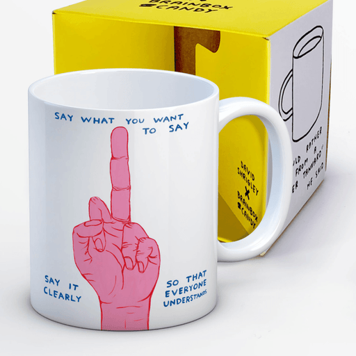 David Shrigley funny rude mug featuring a pink hand gesture and Say What You Want slogan