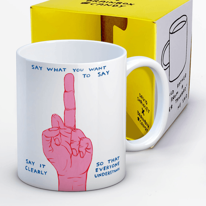 David Shrigley funny rude mug featuring a pink hand gesture and Say What You Want slogan