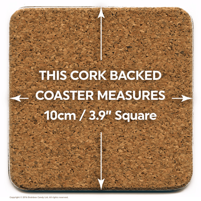 Back of a cork backed David Shrigley coaster showing the 10cm square measurement