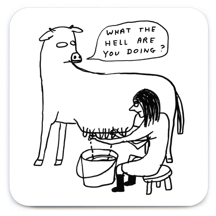 Square coaster with cartoon cow asking “What the hell are you doing?” as person milks into bucket, David Shrigley style.
