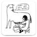 Square coaster with cartoon cow asking “What the hell are you doing?” as person milks into bucket, David Shrigley style.
