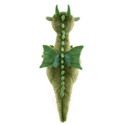 Back view of Deck green dragon teddy from Bearhouse by Charlie Bears 2025 on a white background, showing wings and spine detail