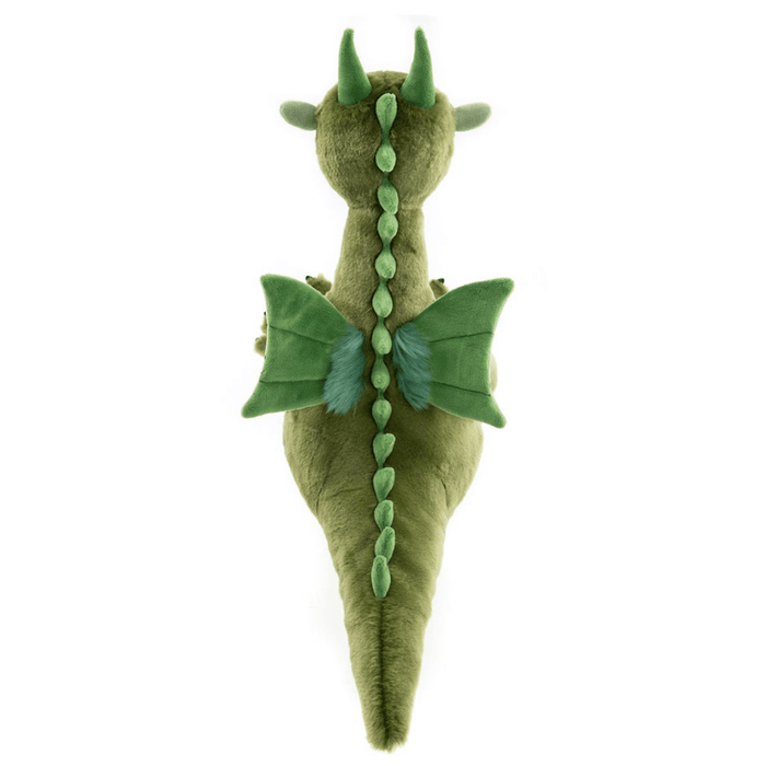 Back view of Deck green dragon teddy from Bearhouse by Charlie Bears 2025 on a white background, showing wings and spine detail