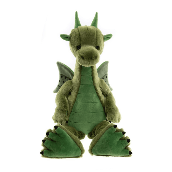Deck green dragon teddy from Bearhouse by Charlie Bears 2025 seated on a white background, with wings, horns and soft green belly