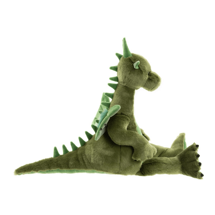 Side view of Deck green dragon teddy from Bearhouse by Charlie Bears 2025 on a white background, showing tail, wings and back spikes