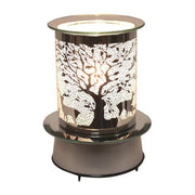 Lit Electric carousel wax melt burner with mirrored deer and tree design, rotating

