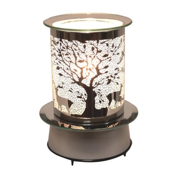 Lit Electric carousel wax melt burner with mirrored deer and tree design, rotating

