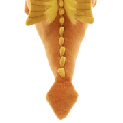 Close-up of Diamonds orange dragon teddy from Bearhouse by Charlie Bears 2025, showing soft spine detail and tail on a white background