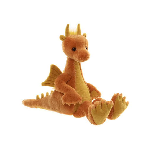 Diamonds orange dragon teddy from Bearhouse by Charlie Bears 2025 seated on a white background, with golden belly panels and soft wings