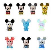 Ten Mickey Mouse blind bag mini figures, including metallic and translucent styles, on a white backdrop.
