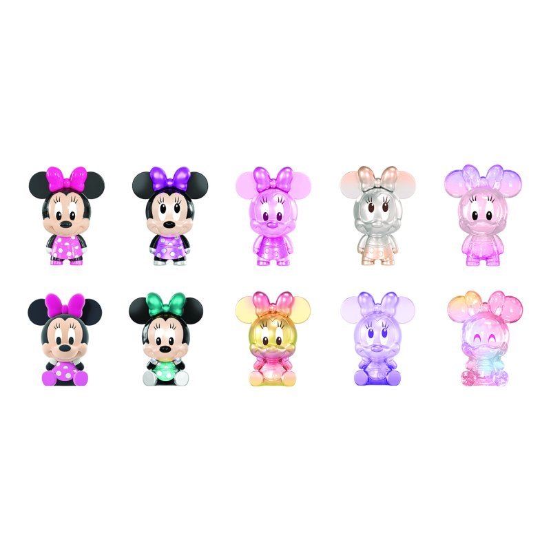 Ten colourful Minnie Mouse blind bag mini figures standing in two rows.
