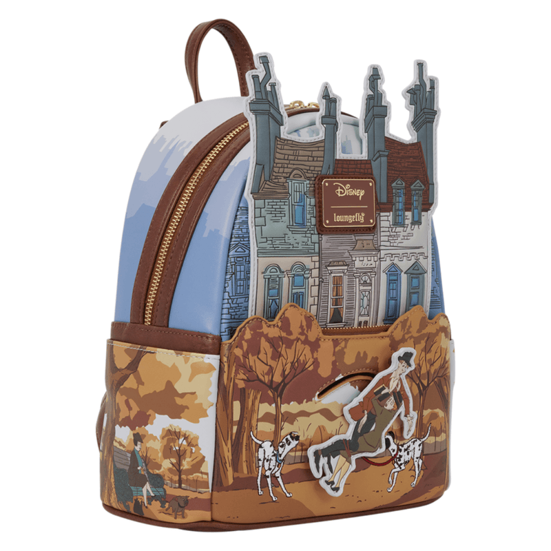 Three-quarter view of Disney 101 Dalmatians Loungefly Mini Backpack featuring Roger and Anita