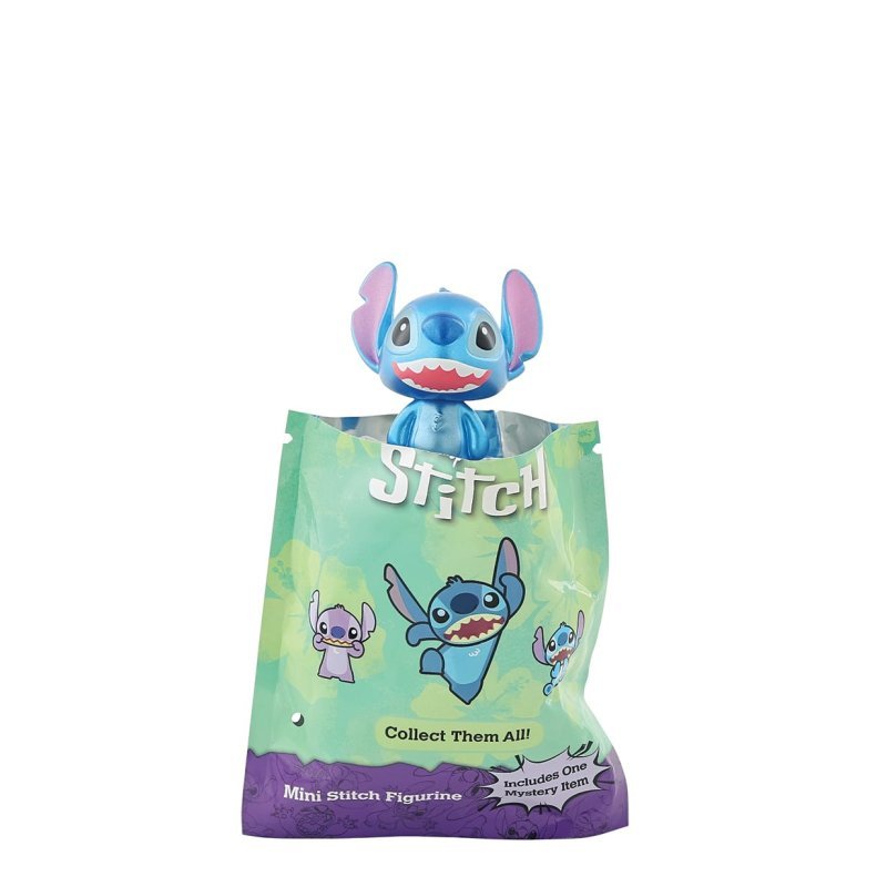 Stitch mini figurine poking out of a green Disney blind bag against a white background.
