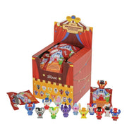 Circus-themed retail display box of Stitch blind bags with opened packs and mini figures lined up in front.

