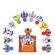 Semi-circle of circus-costumed Stitch mini figures surrounding blind-bag packet and rare ringmaster Stitch.
