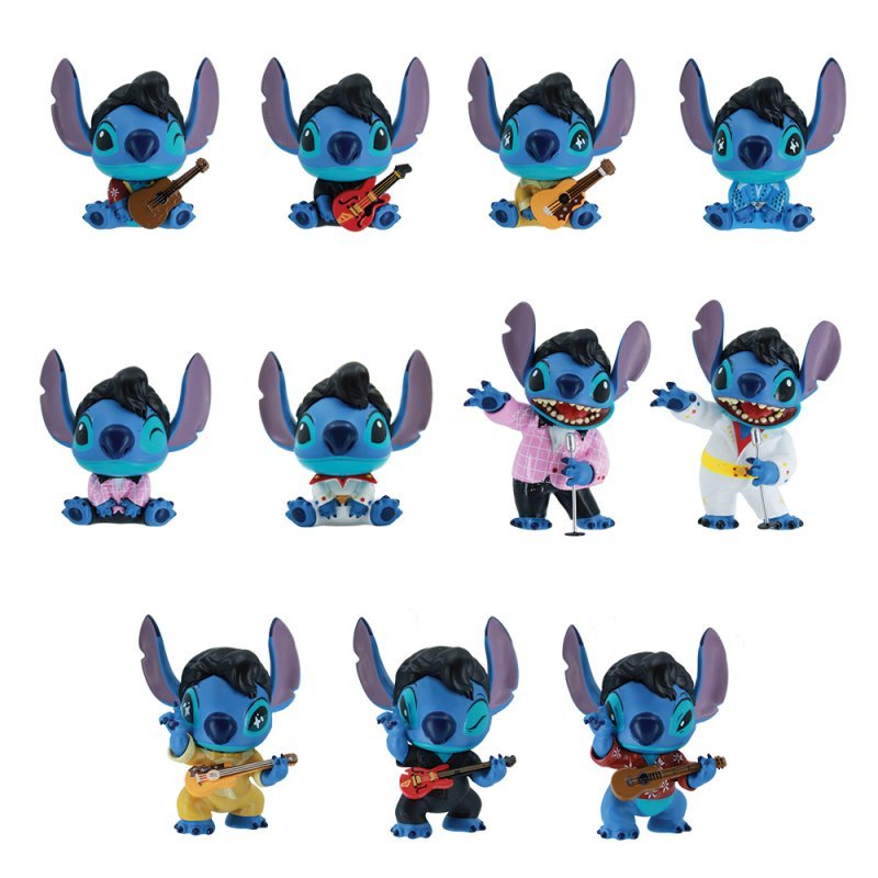 Twelve Stitch mini figures dressed as Elvis with guitars and mics, lined up on a white background.
